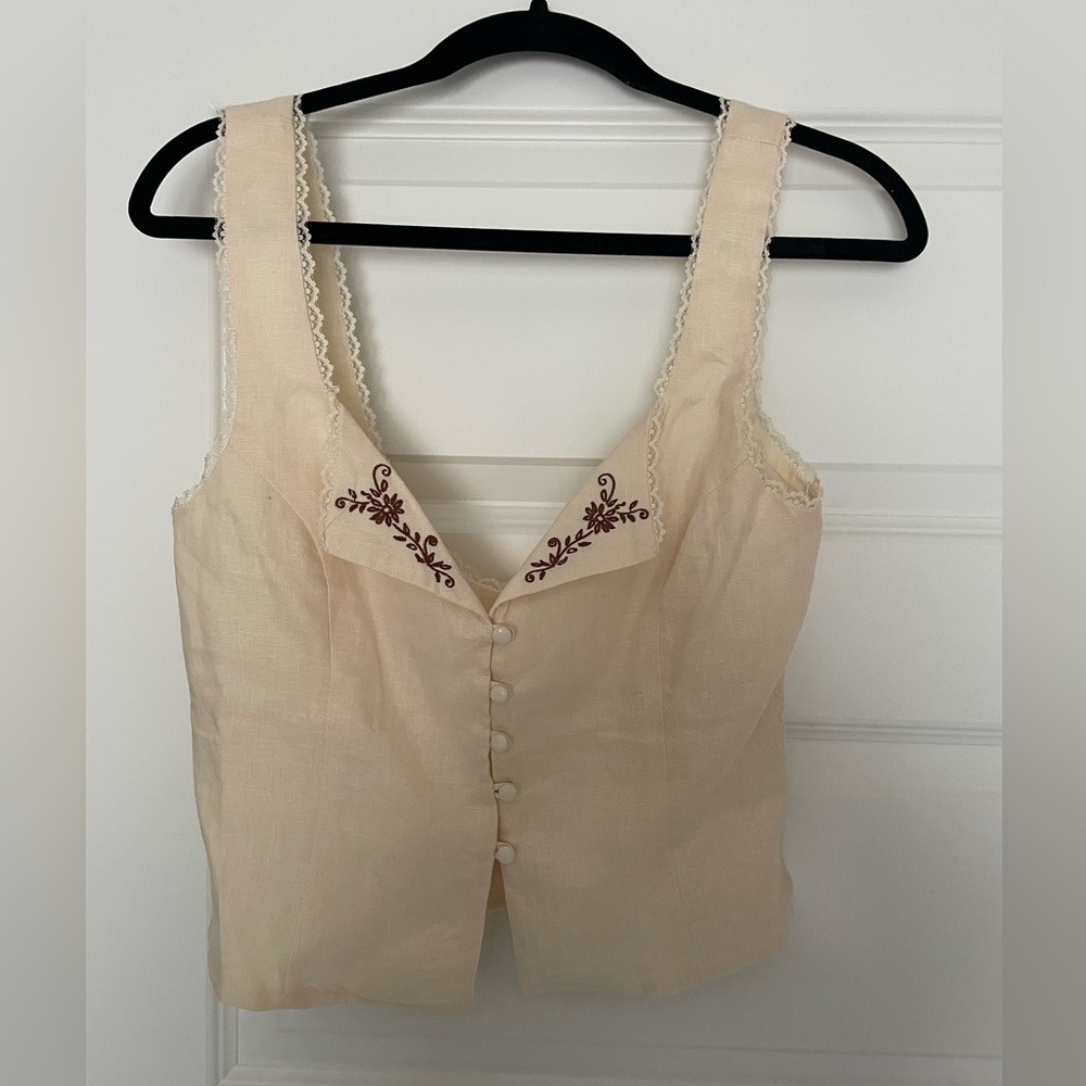 Linen Embroidered Button Tank